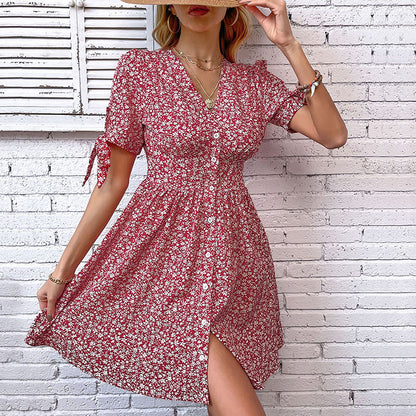 Floral A-Line Dress with V-Neck, Button Front, and Tie Sleeves