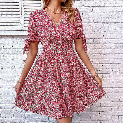 Floral A-Line Dress with V-Neck, Button Front, and Tie Sleeves