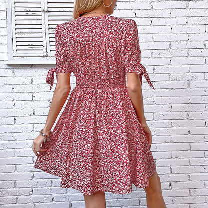 Floral A-Line Dress with V-Neck, Button Front, and Tie Sleeves