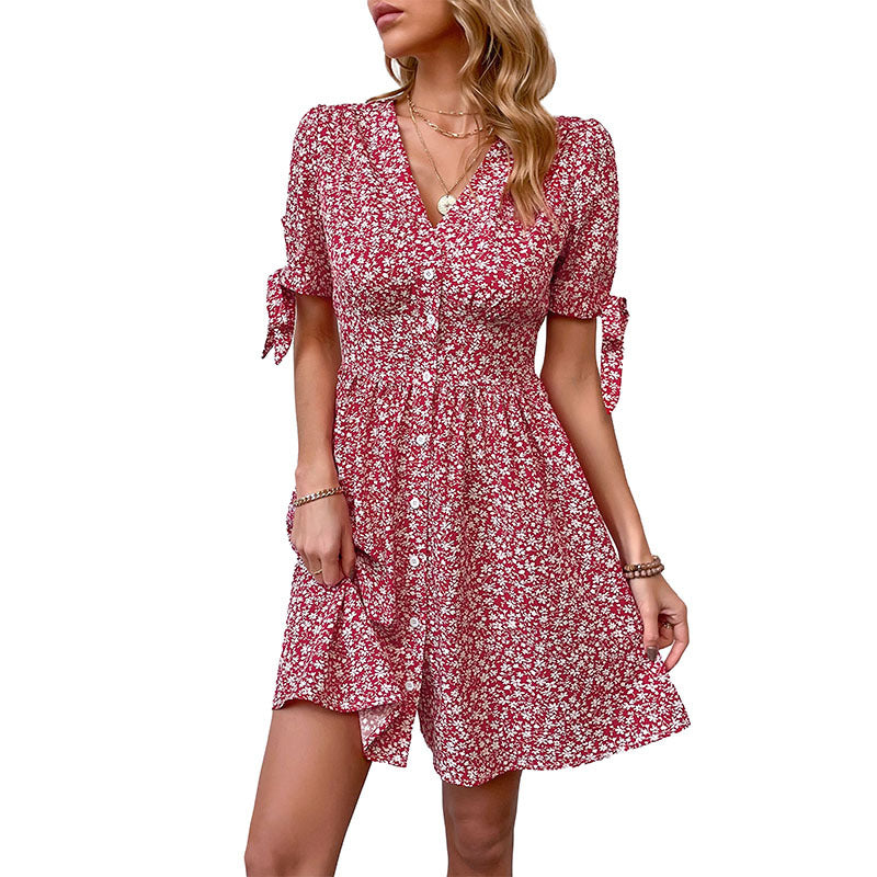 Floral A-Line Dress with V-Neck, Button Front, and Tie Sleeves