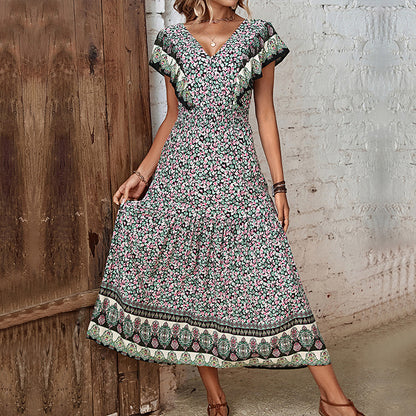 Ethnic Floral Print A-Line Midi Dress with Ruffled V-Neck