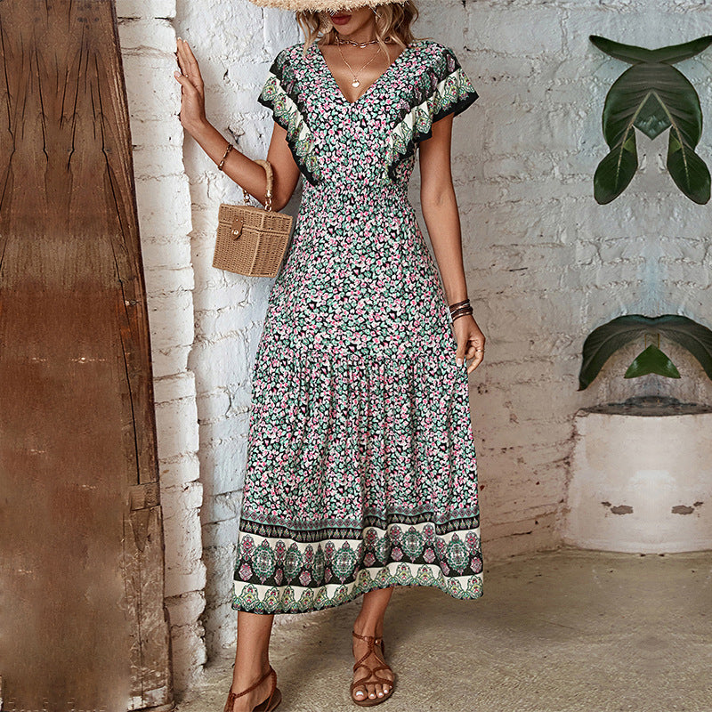 Ethnic Floral Print A-Line Midi Dress with Ruffled V-Neck