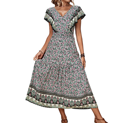 Ethnic Floral Print A-Line Midi Dress with Ruffled V-Neck