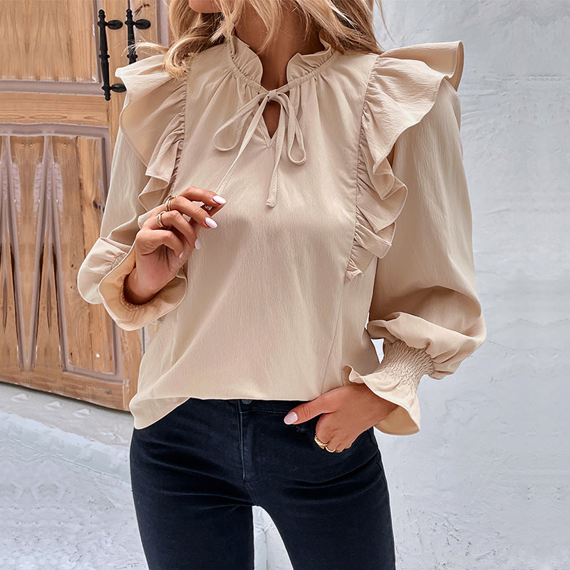 Solid Ruffled Blouse with Tie-Neck and Smocked Cuffs