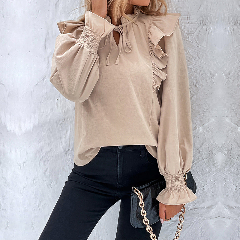 Solid Ruffled Blouse with Tie-Neck and Smocked Cuffs