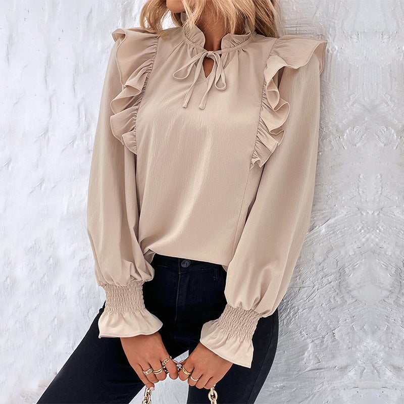Solid Ruffled Blouse with Tie-Neck and Smocked Cuffs