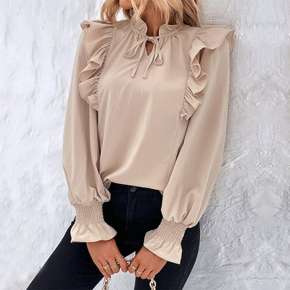 Solid Ruffled Blouse with Tie-Neck and Smocked Cuffs