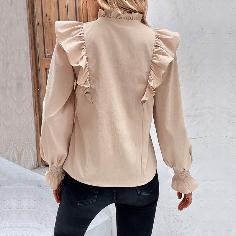 Solid Ruffled Blouse with Tie-Neck and Smocked Cuffs