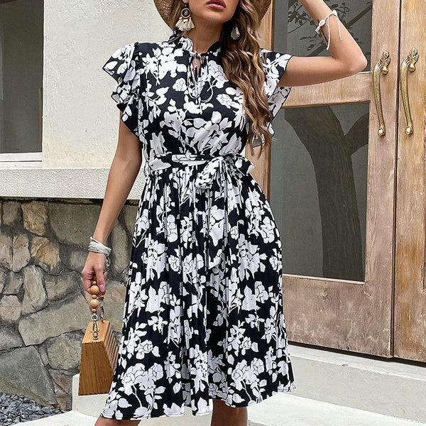 Floral A-Line Midi Dress with Flutter Sleeves and Tie Waist