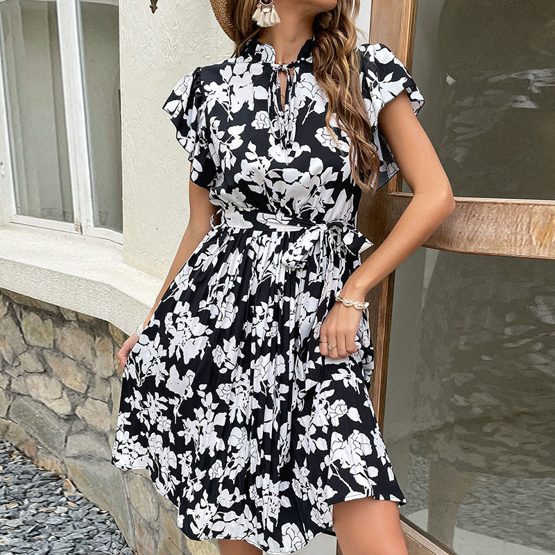 Floral A-Line Midi Dress with Flutter Sleeves and Tie Waist