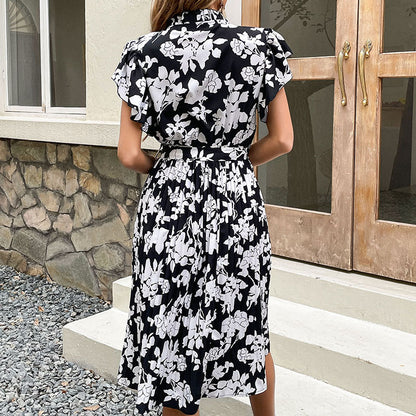 Floral A-Line Midi Dress with Flutter Sleeves and Tie Waist