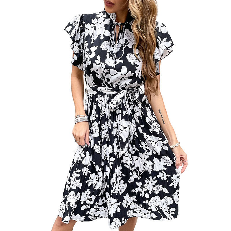 Floral A-Line Midi Dress with Flutter Sleeves and Tie Waist