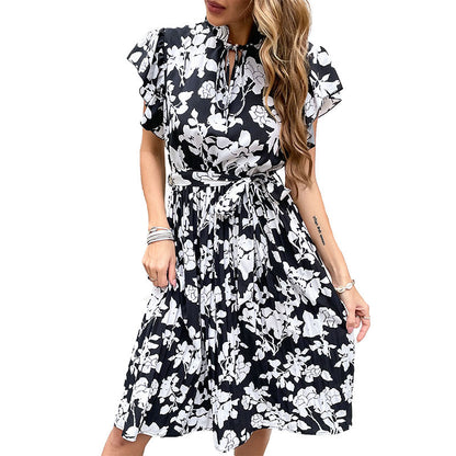Floral A-Line Midi Dress with Flutter Sleeves and Tie Waist