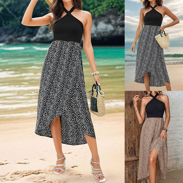 Midi Dress in Leopard Print with Halter Neck and Slit