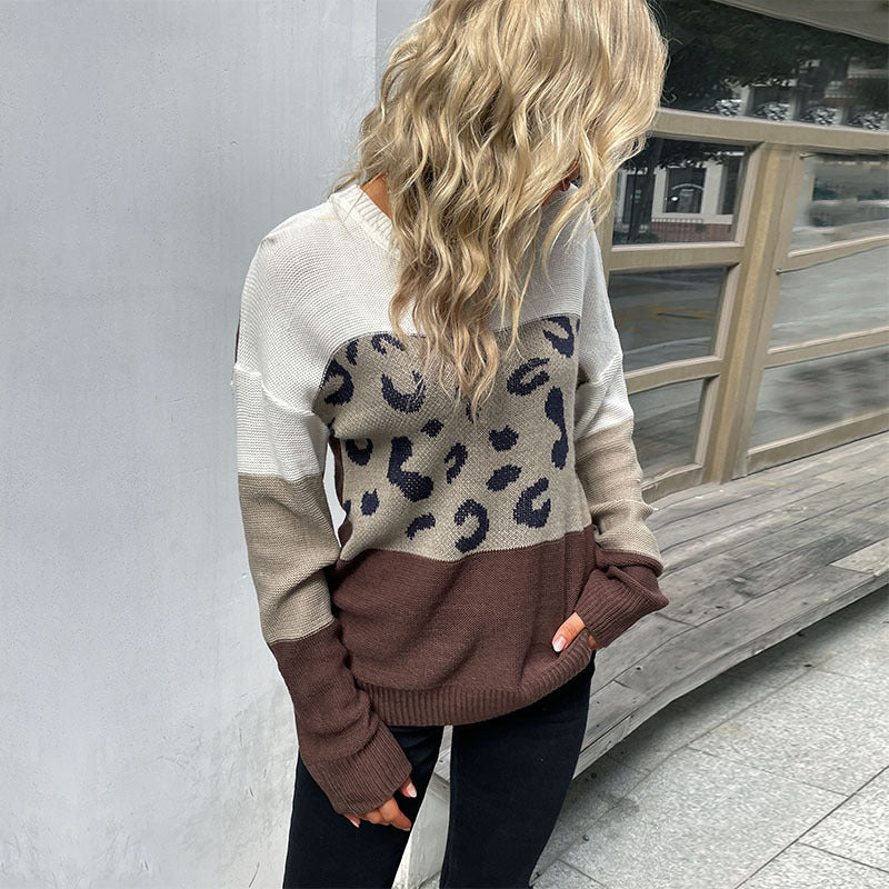 Leopard Print Color-Block Knit Sweater with Crewneck