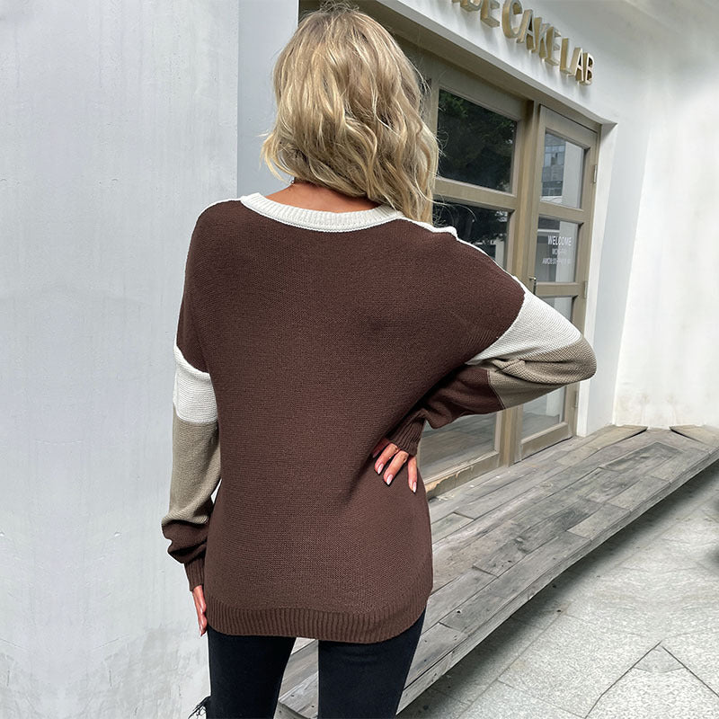 Leopard Print Color-Block Knit Sweater with Crewneck