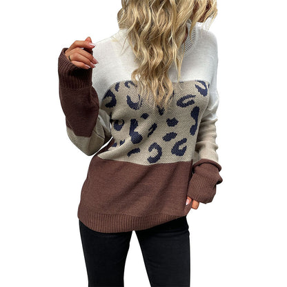 Leopard Print Color-Block Knit Sweater with Crewneck