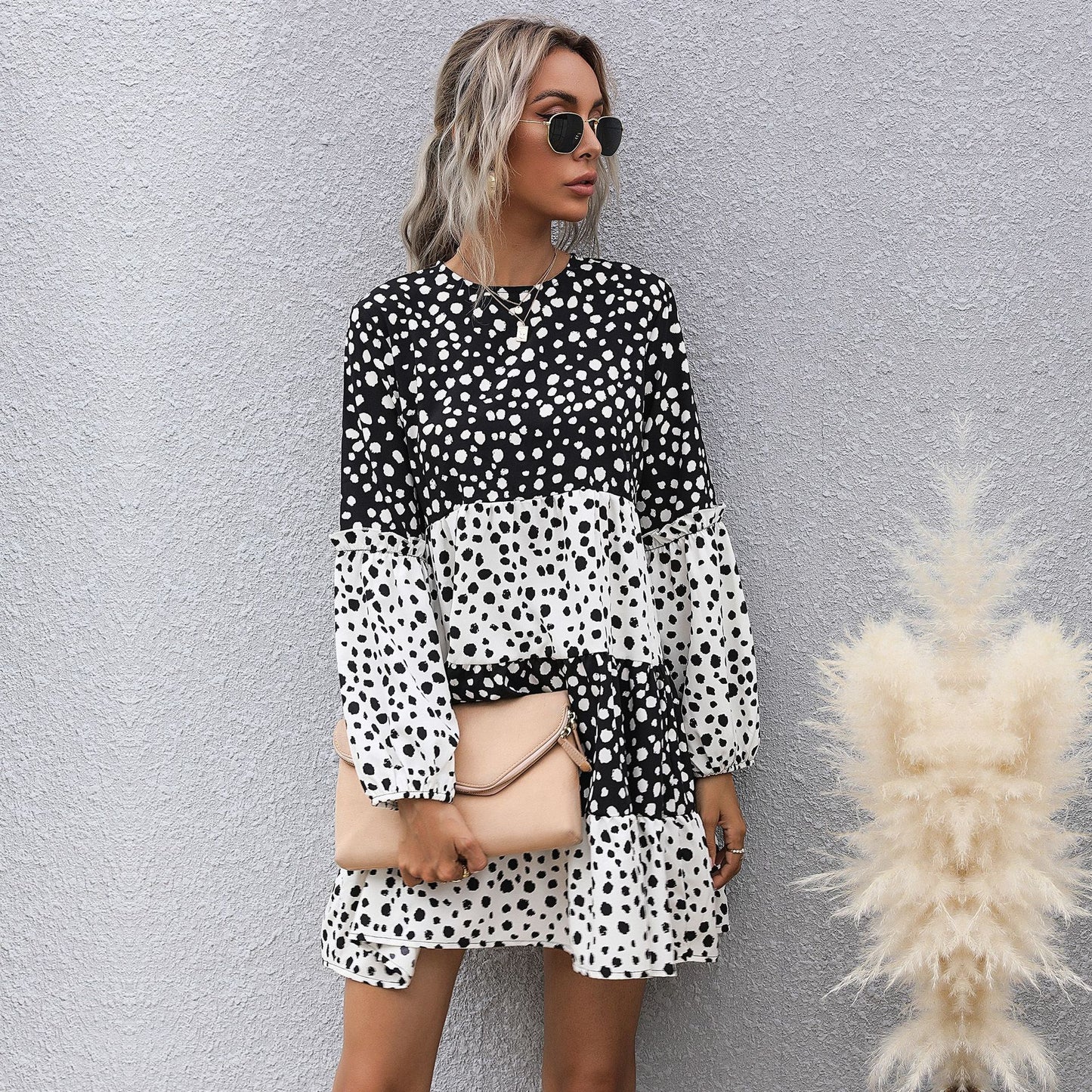 Black & White Dot Print Tiered Mini Dress with Long Sleeves