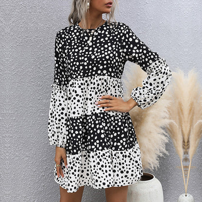 Black & White Dot Print Tiered Mini Dress with Long Sleeves