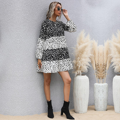 Black & White Dot Print Tiered Mini Dress with Long Sleeves