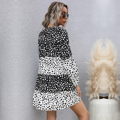 Black & White Dot Print Tiered Mini Dress with Long Sleeves