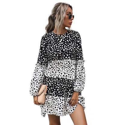 Black & White Dot Print Tiered Mini Dress with Long Sleeves