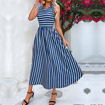 Striped A-Line Midi Dress with Sleeveless Crewneck and Pockets