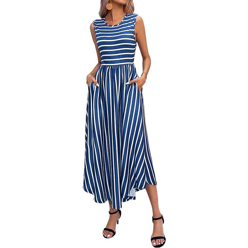 Striped A-Line Midi Dress with Sleeveless Crewneck and Pockets
