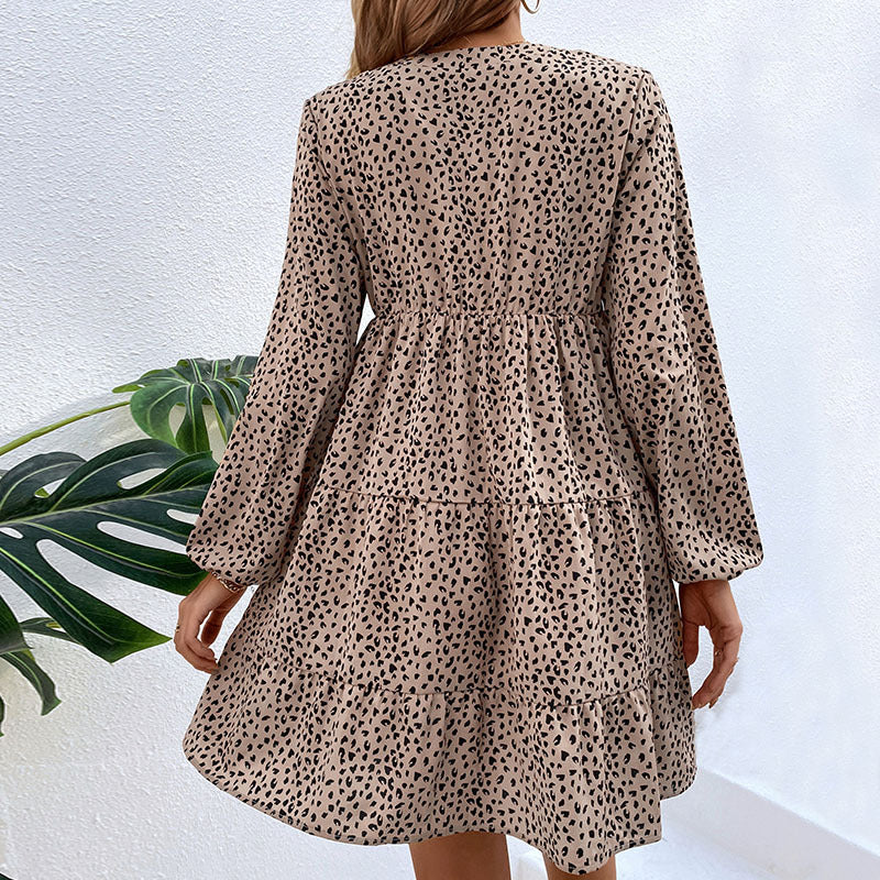Leopard Print Dress with V-Neck and Tiered Skirt