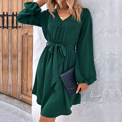 Solid A-Line Mini Dress with V-Neck and Tie Waist
