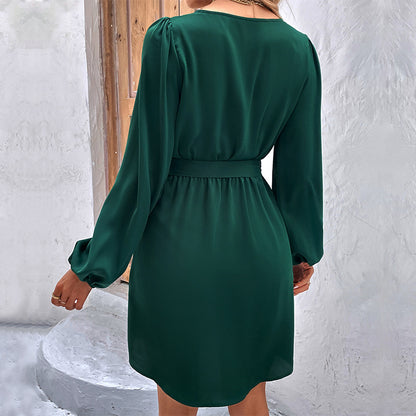 Solid A-Line Mini Dress with V-Neck and Tie Waist
