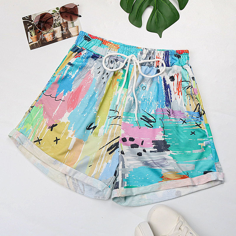 Colorful Abstract Print Loose Fit Shorts with Drawstring Waist
