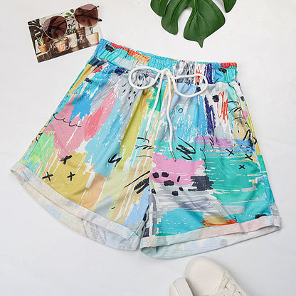 Colorful Abstract Print Loose Fit Shorts with Drawstring Waist