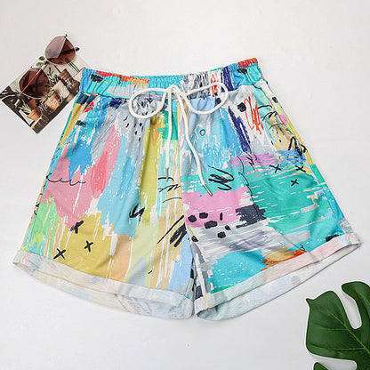 Colorful Abstract Print Loose Fit Shorts with Drawstring Waist