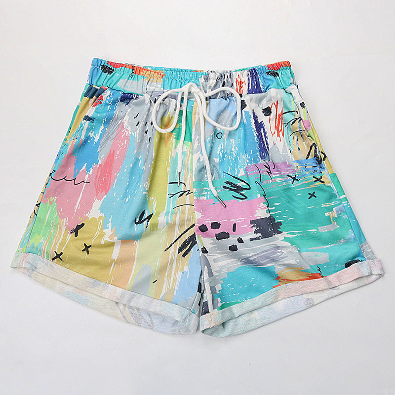 Colorful Abstract Print Loose Fit Shorts with Drawstring Waist