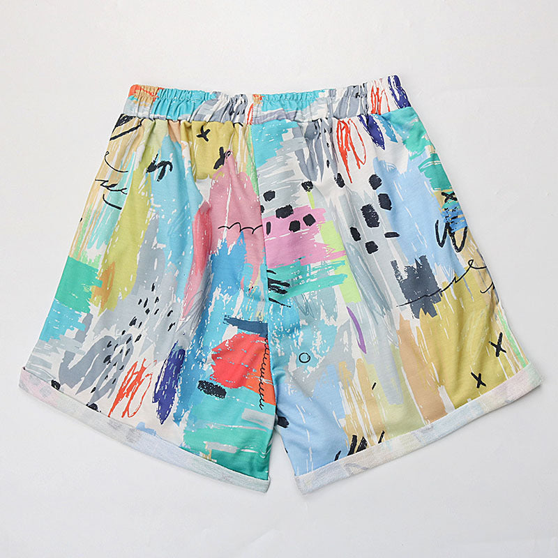 Colorful Abstract Print Loose Fit Shorts with Drawstring Waist