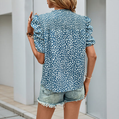 Speckled Print Blouse with Smocked High Neck and Puff Sleeves