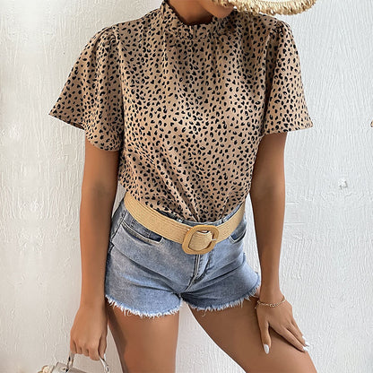 Leopard Print Blouse with Ruffled Mock Neck and Short Sleeves