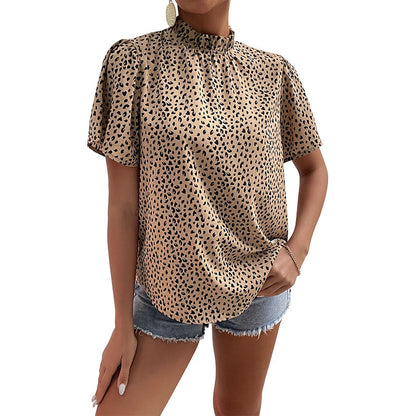 Leopard Print Blouse with Ruffled Mock Neck and Short Sleeves