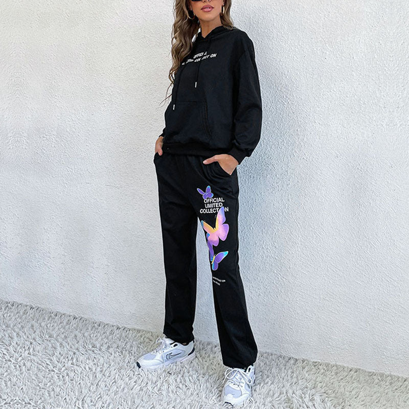 Butterfly Print Two-Piece Tracksuit with Hooded Sweatshirt