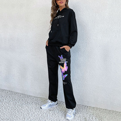 Butterfly Print Two-Piece Tracksuit with Hooded Sweatshirt