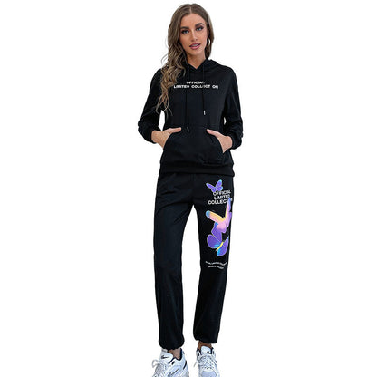 Butterfly Print Two-Piece Tracksuit with Hooded Sweatshirt