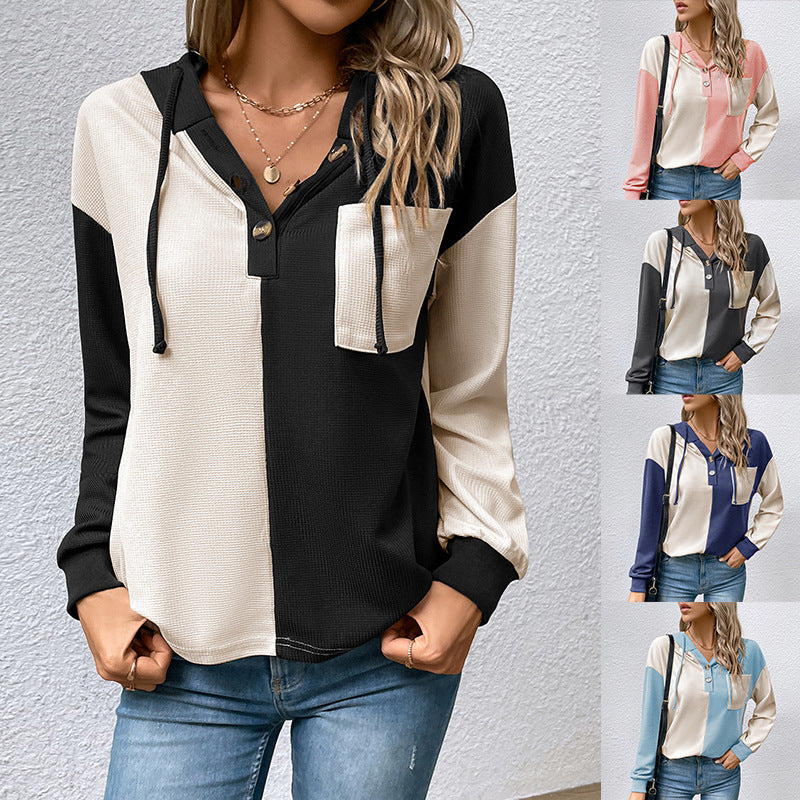 Color-Block Hooded Pullover with Henley Neck and Patch Pocket
