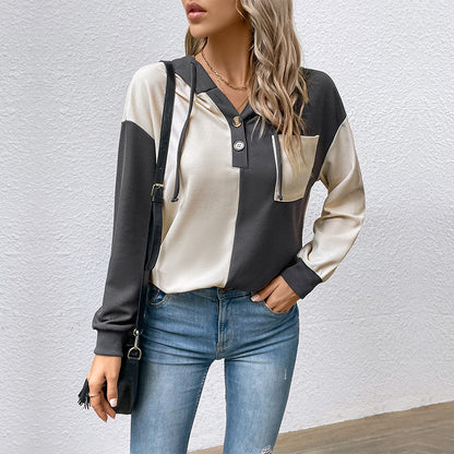 Color-Block Hooded Pullover with Henley Neck and Patch Pocket