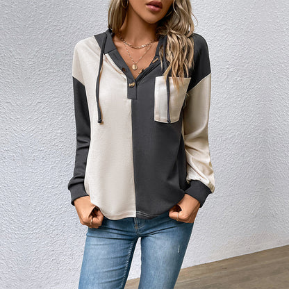 Color-Block Hooded Pullover with Henley Neck and Patch Pocket