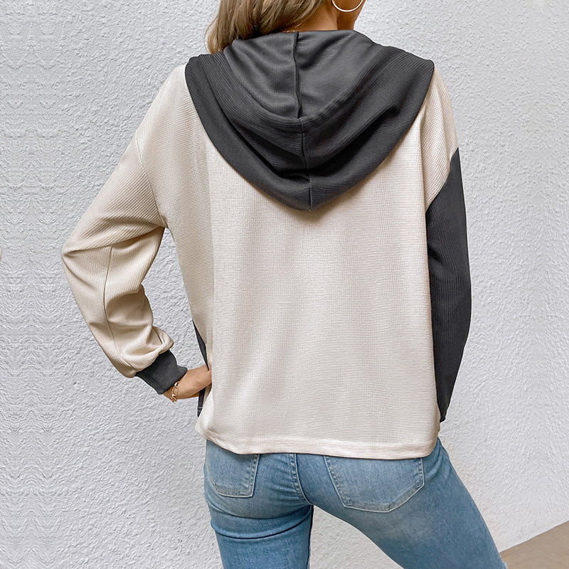 Color-Block Hooded Pullover with Henley Neck and Patch Pocket