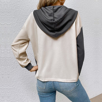 Color-Block Hooded Pullover with Henley Neck and Patch Pocket