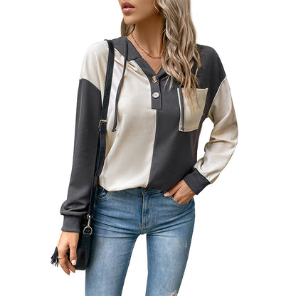 Color-Block Hooded Pullover with Henley Neck and Patch Pocket