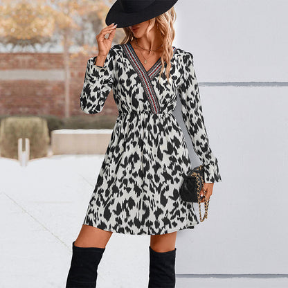 Leopard Print A-Line Mini Dress with Contrast V-Neck Trim