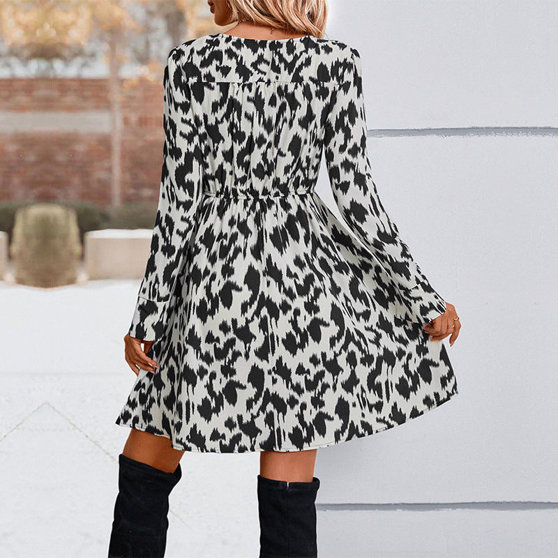 Leopard Print A-Line Mini Dress with Contrast V-Neck Trim